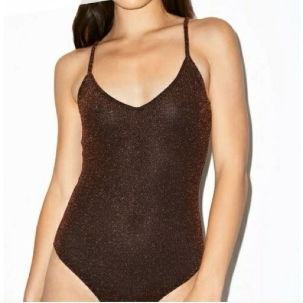 American Apparel Black Metallic Knit Strappy V Bodysuit